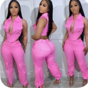 Pink Sleeveless Zipper Crop cargo set- Women Pants & vest